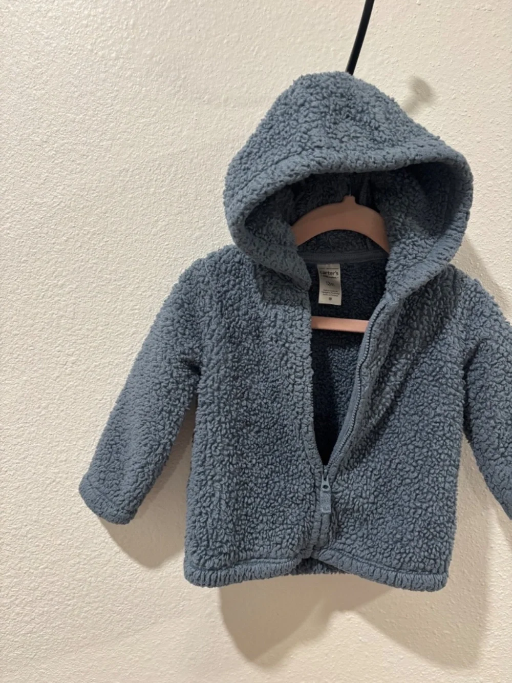 Hooded blue-gray Carter's sherpa fleece baby jacket featuring full front zipper